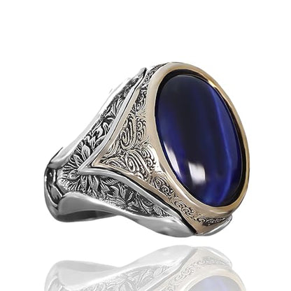 Mens Oval Blue Tiger Eye Signet Ring Premium Silver Plated Stainless Steel Vintage Engraved Statement Ring for Men