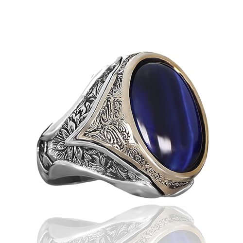 Mens Oval Blue Tiger Eye Signet Ring Premium Silver Plated Stainless Steel Vintage Engraved Statement Ring for Men
