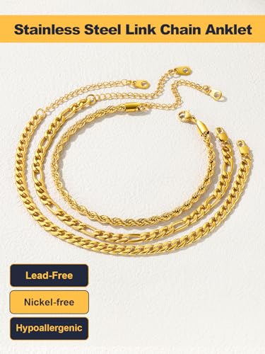 U7 2Pcs/3Pcs Ankle Bracelets for Women, Stainless Steel Cuban Link/Figaro/Rope/Heart Chain Anklets Sets,Waterproof Layered Anklets Adjustable 8.5"-10.5" - color: 03. 3Pcs Style A-Gold