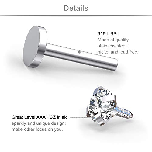 SCERRING 16G Lip Rings Clear CZ Labret Monroe Lip Ring Tragus Nail Helix Earring Stud Piercing Jewelry Bar Length 6mm 8mm 10mm - style: 18PCS - 3mm Top Silver