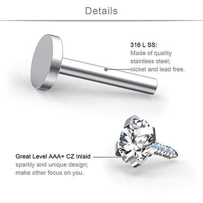SCERRING 16G Lip Rings Clear CZ Labret Monroe Lip Ring Tragus Nail Helix Earring Stud Piercing Jewelry Bar Length 6mm 8mm 10mm - style: 18PCS - 3mm Top Silver