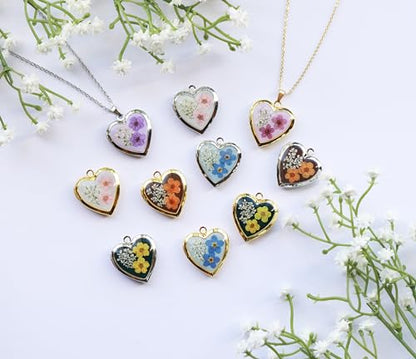 Handmade Heart Shaped Dried Pressed Forget Me Not Flower Photo Locket Pendant Necklace - color: Silver, style: ORANGE+BROWN