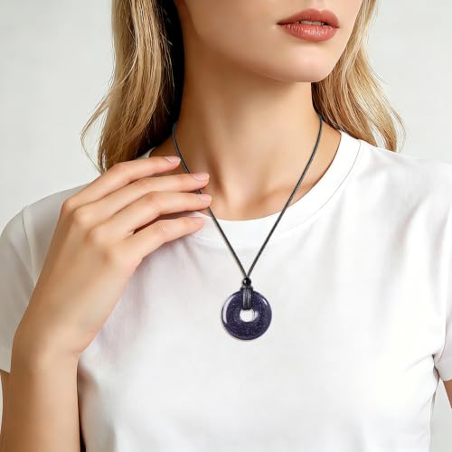 FANASY Natural Gemstone Pendant Necklce Lucky Coin Crystal Necklace Protection Donut Pendnat with Adjustable Rope for Men Women - color: Blue Sandstone
