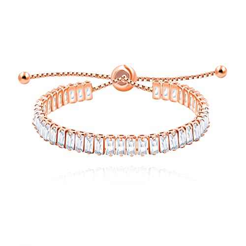 Uloveido Classic Emerald Cut Rectangular Cubic Zirconia Eternity Tennis Bracelet Adjustable for Women Y1788 - color: Rose Gold-white