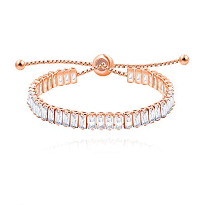 Uloveido Classic Emerald Cut Rectangular Cubic Zirconia Eternity Tennis Bracelet Adjustable for Women Y1788 - color: Rose Gold-white
