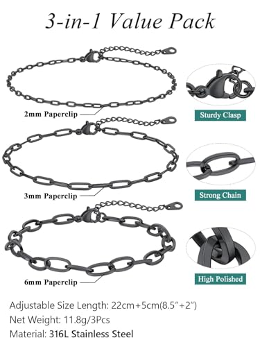 FaithHeart Waterproof Ankle Bracelets for Women, 1/2/3Pcs Non Tarnish Stainless Steel Layered Anklet Set Paperclip Figaro Cuban Link Chain Dainty Summer Beach Jewelry Gift Adjustable Size - style: d.Paperclip 3Pcs - Black