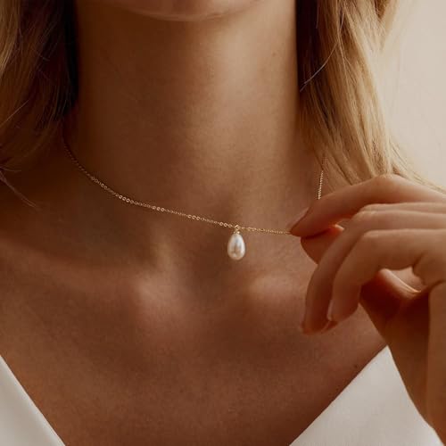 Pearl Necklace for Women, Dainty Pearls Choker Necklace for Women 14K Gold Plated Layered Pendant Necklace Handmade Gold Chain Necklace Everyday Jewelry Gift - color: Single Long Pearl