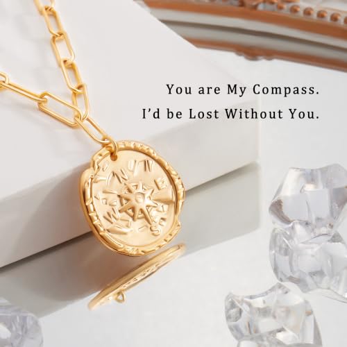 Aobei Pearl 18K Gold Plated Pendant Necklace for Women Dainty Gold Chain Choker Love Heart Disc Coin Pearl Cross Toggle Jewelry - style: Compass Coin Pendant