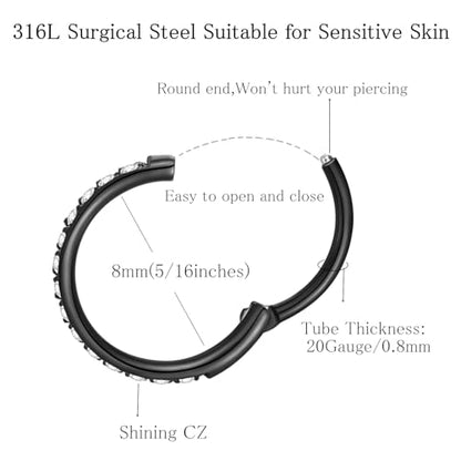 ORANGELOVE 20G 18G 16G Clear CZ Nose Ring Hoop 316L Surgical Steel Seamless Silver Septum Ring Clicker Jewelry Cartilage Earring Ear Piercing Hoop Earrings for Women Men Helix Rook Lobe Conch Tragus Daith Lip Hinged Piercing Jewelry with Cubic Zirconia -
