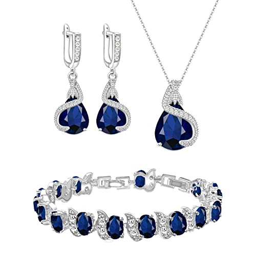GZWHD Jewelry Set for Women Water Drop Cubic Zirconia Artificial Crystal Earrings Pendant Necklace Open Ring Tennis Bracelet Wedding Anniversary Birthday Engagement Gift for Bridesmaid Wife Girlfriend Friend - color: Blue-No Ring