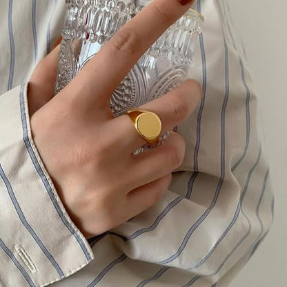 MYNENEY Stainless Steel Round Statement Pinky Signet Rings for Men Women - color: Gold
