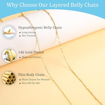 CHESKY 14K Gold Plated Waist Chain for Women, Layered Waist Beads | Silver Plated Gold Body Chains, Beach Summer, Waterproof Snake Belly Belt Chain, Festival Jewelry Accessories for Women - style: thinchain-gd