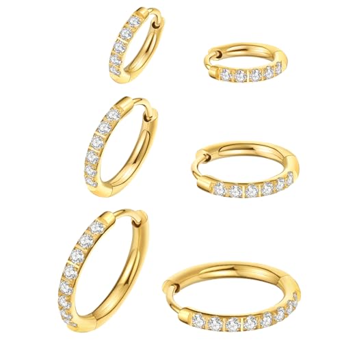 316L Surgical Steel Huggie Hoop Earrings | Dainty Pave Cubic Zirconia Cartilage Tiny Earring for Sensitive Ears Hypoallergenic Lightweight for Women Men - style: Gold Plated,18G*8/10/12mm