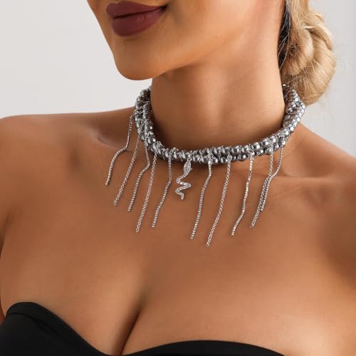 Gold Statement Choker Necklace for Women – Trendy Silver Long Layered Snake Chain Drop Necklace, Elegant Prom Party Jewelry Gift, Delicate Accessories for Her - color: E-Serpentine pendant tassel texture collarbone chain necklace