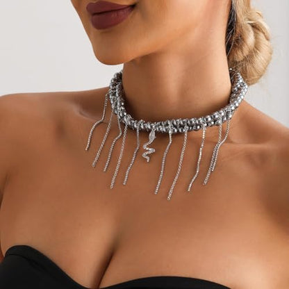 Gold Statement Choker Necklace for Women – Trendy Silver Long Layered Snake Chain Drop Necklace, Elegant Prom Party Jewelry Gift, Delicate Accessories for Her - color: E-Serpentine pendant tassel texture collarbone chain necklace