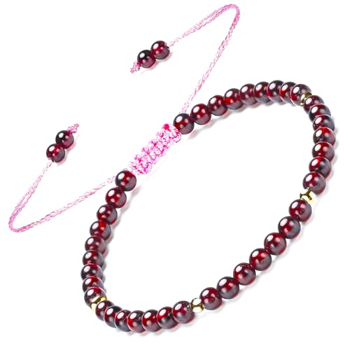 Natural Stone&925 Sterling Silver/18K Gold Anklet,│4MM│9-12 in│, Hand Woven, Adjustable Size - color: Garnet-Braid