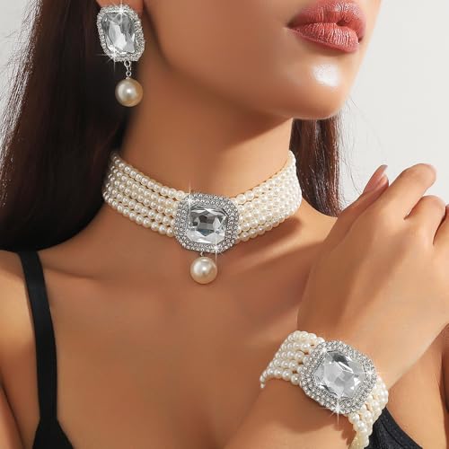 Fashion Bride Silver Black Green Bridal Layered Rhinestone Crystal 1920s Faux Pearls Necklace Earrings Bracelet Set Crystal Wedding Jewelry Set Rose Red Square Choker Necklace for Women - color: Silver