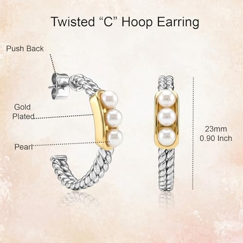 Two Tone Hoop Earrings with Pearl for Women | Gold Plated Pearl Hoop Earrings for Women | Silver Twisted C Hoops Earring | 14K Yellow Gold & Silver Beaded Hoop Earring Jewelry