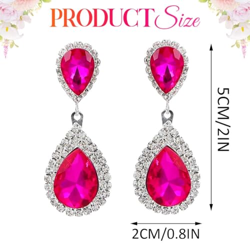 Catery Crystal Wedding Earrings Silver Rhinestone Ear Rings Teardrop Bridal Ear Jewelry for Brides and Women - color: Hot Pink