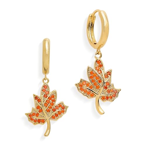 Sonateomber Christmas Tree Dangle Small Gold Hoop Earrings for Women, Cute Sparkly CZ Rhinestone Maple Clover Leaf Drop Earings Thanksgiving Holiday Accessories Fashion Jewelry Gift - color: Fall Orange