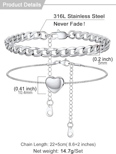 U7 2Pcs/3Pcs Ankle Bracelets for Women, Stainless Steel Cuban Link/Figaro/Rope/Heart Chain Anklets Sets,Waterproof Layered Anklets Adjustable 8.5"-10.5" - color: 02. 2Pcs Style B-Stainless Steel