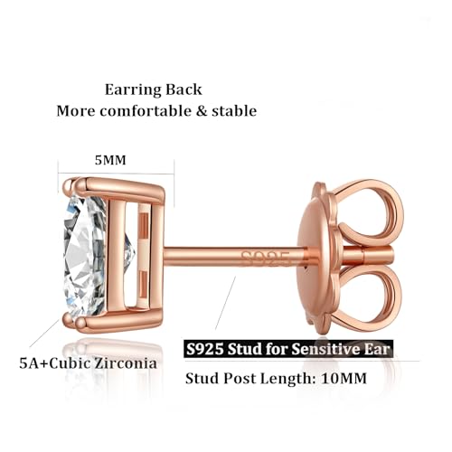 925 Sterling Silver Cubic Zirconia Stud Earrings for Women/Men Hypoallergenic Stud Earrings 4MM-8MM - style: F: Square Stud-Rose Color
