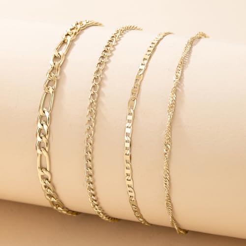Fesciory 14K Gold Plated Ankle Bracelets Sets For Women, Adjustable Layered Infinite Anklet, Summer Beach Butterfly Star Foot Chain Jewelry Gifts - style: Figaro Set(Gold)