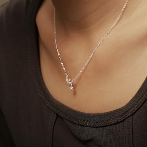 925 Sterling Silver Dainty Moon Star Necklaces for Women Daughter Mom | Moon Pendant Necklaces Trendy Non Tarnish 14K Gold Plated Cute Star CZ Charm Chain Jewish Birthday Wedding Gifts Jewelry - color: Silver