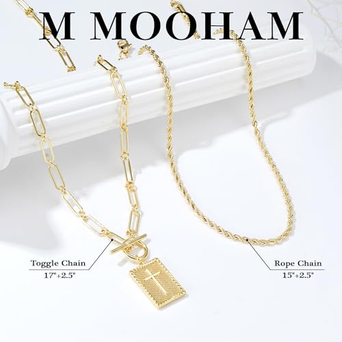 M MOOHAM Cross Necklace for Women Non Tarnish - 14K Gold Plated Dainty Clover Cross Layered Necklaces Stack Set Herringbone Figaro Paperclip Chain Necklace Trendy Religious Baptism Faith Jewelry Gifts - color: cross-rope chain