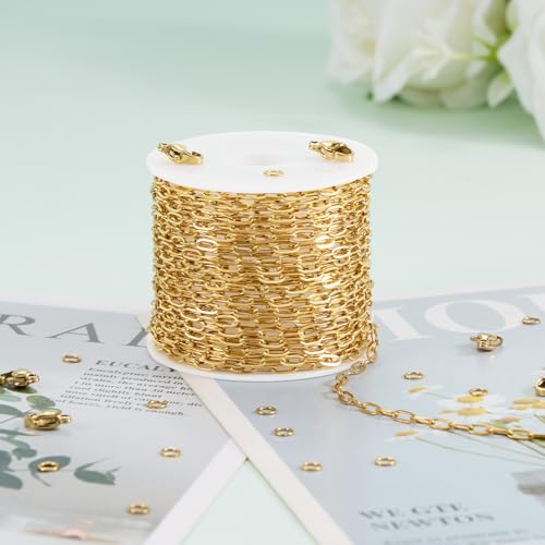 KYUNHOO 16.4FT Paperclip Chain Roll Gold Plated Jewelry Making Chains Bulk | 304 Stainless Steel Chain Spool 2.5mm Paper Clip Jewelry Links with Lobster Clasps Jewelry Supplies for Crafting - color: Paperclip Gold