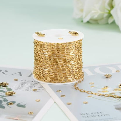 KYUNHOO 16.4FT Paperclip Chain Roll Gold Plated Jewelry Making Chains Bulk | 304 Stainless Steel Chain Spool 2.5mm Paper Clip Jewelry Links with Lobster Clasps Jewelry Supplies for Crafting - color: Paperclip Gold