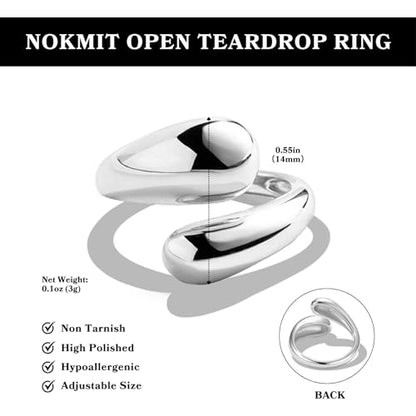 NOKMIT Chunky Gold Rings for Women Adjustable Open Teardrop Wrap Bypass Statement Band Gold Silver Tone High Polished Smooth Comfort Fit - color: Silver