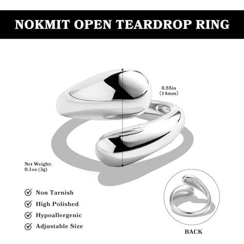 NOKMIT Chunky Gold Rings for Women Adjustable Open Teardrop Wrap Bypass Statement Band Gold Silver Tone High Polished Smooth Comfort Fit - color: Silver