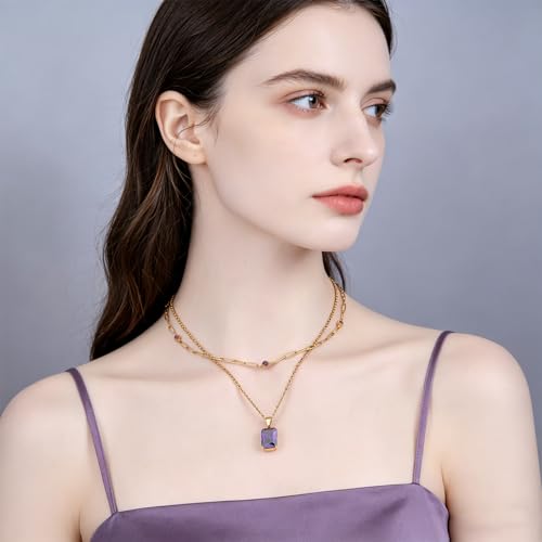 Birthstone Layered Pendant Paperclip Necklace 18k Gold Plated Heart Choker Chain Necklace Emerald Cut Jewelry Birthday Gift for Women - color: Emerald-Cut Amethyst