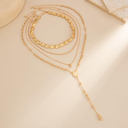 Gold Lariat Necklace for Women Y Shaped Long Gold Chunky Layered Statement Chest Chain with Beads and Pendant Birthday Jewelry Gifts
