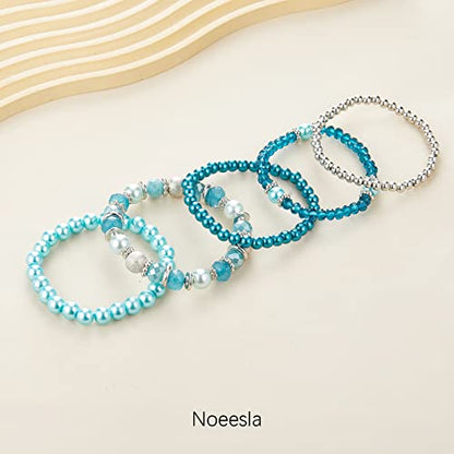 Noessla Beaded Pearl Stretch Bracelet Silver Stackable Crystal Beads Bracelets Trendy Costume Jewelry Mothers Day Gifts for Women - color: Turquoise