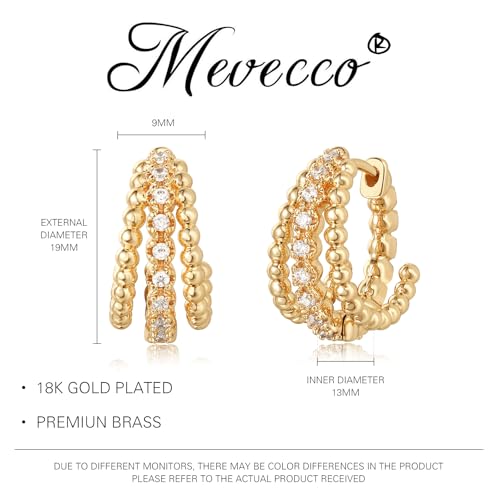 MEVECCO Chunky Huggie Hoop Earrings for Women Starburst Beaded Styles | 18K Gold Plated Brass, Triple Or Single Cubic Zirconia Star Details, Graduated Rounded Profile, Front Stone Row - style: Slit Bead