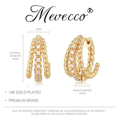 MEVECCO Chunky Huggie Hoop Earrings for Women Starburst Beaded Styles | 18K Gold Plated Brass, Triple Or Single Cubic Zirconia Star Details, Graduated Rounded Profile, Front Stone Row - style: Slit Bead