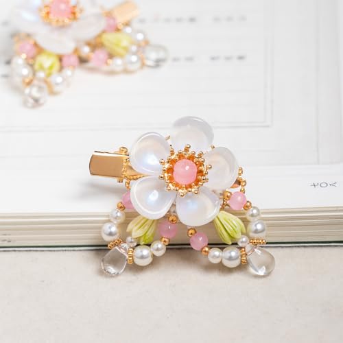 A Pair Wedding Hair Clips, Handmade Floral Design Crystal Hair Clips Pearl Barrettes, Rhinestones Flower Clips Pearl Headpieces Hair Pins Hair Accessories for Women Girls (White&Green) - color: White&Green