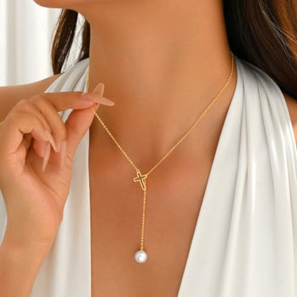 925 Sterling Silver Cross Pearl Lariat Necklace for Women | Y-Shaped Pearl Drop Necklace Adjustable Hollow Cross Pearl Necklace Faith Baptism Birthday Jewelry Gift for Mother Daughter - color: Gold