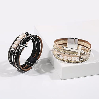 Vercret Leather Wrap Bracelet for Women, Multi-Layer Cuff Bangle | Boho Stacked Bracelets with Safe Clasp Western Bangle Jewelry Gift for Lady and Mom Sister Friend - style: Pearl Cross Beige