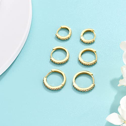 Silver Hoop Earrings for Women, 3 Pairs Small Sterling Silver Huggie Earrings | Tiny Cubic Zirconia Cartilage Cuff Earrings Hoop Piercing Jewellery for Men Teens (8mm/10mm/12mm) - color: 3 Pairs(8/10/12mm)-Gold