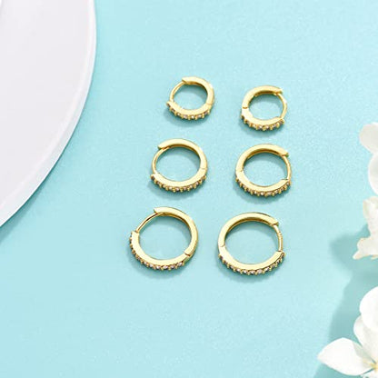 Silver Hoop Earrings for Women, 3 Pairs Small Sterling Silver Huggie Earrings | Tiny Cubic Zirconia Cartilage Cuff Earrings Hoop Piercing Jewellery for Men Teens (8mm/10mm/12mm) - color: 3 Pairs(8/10/12mm)-Gold