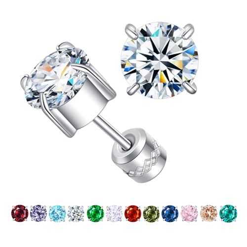 Titanium Flat Back Surgical Stainless Steel Stud Earrings for Women Men,Birthstone Stud Earrings Hypoallergenic Double Side 5A Cubic Zirconia Studs Jewelry 6mm - color: April (Diamond)