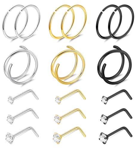 22G 18Pcs G23 Titanium Nose Rings Hoops for Sensitive Skin Double Nose Rings L Shaped Nose Studs Hypoallergenic Nose Piercings Jewelry - color: Silver+Gold+Black
