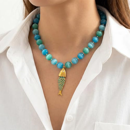 Fish Necklace for Women Sardine Pendant Necklace Summer Fishing Choker Necklace Boho Beach Jewelry - color: KKWX602