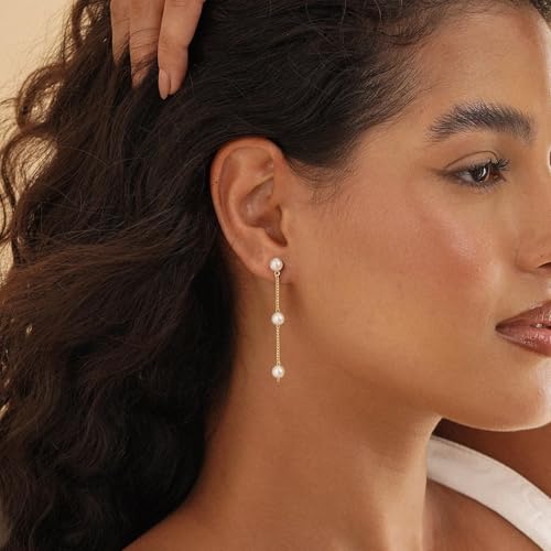 CHESKY Pearl Drop Earrings for Women, 14K Gold Plated Pearl Dangle Earrings | Dainty Pearl Earrings for Women,WaterProof Gold Brides Wedding Earrings,Bridesmaid Bridal Gift,Trendy Women Everyday Jewelry - style: pearls