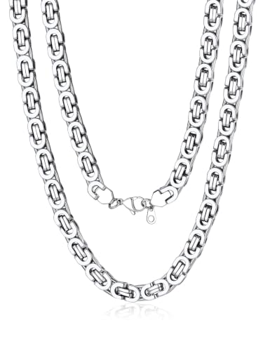 Bandmax Stainless Steel Byzantine Chain Necklace for Men Two Tone Black Gold Heavy Duty Motorcycle Biker Link Chains, 6MM/8MM/10MM Width, 18 Inch-30 Inch Length, Men's Fashion Jewelry Gift - color: 02 Silver Tone