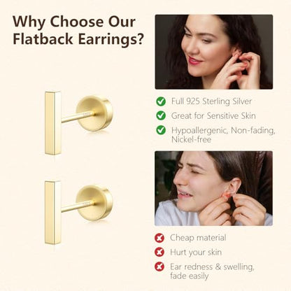 JIAYIQI Minimalist 925 Sterling Silver Stud Earrings Set, 14K Gold Plated Hypoallergenic Tiny Bar Dot Heart Star Studs for Women & Men - style: Gold-Bar-Flatback-1 Pair