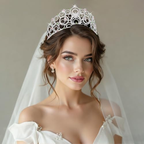Crystal Crowns for Women, Crystal Bubble TiaraBride Royal Queen Headband Princess Headpieces for Women Bridal Wedding Prom Birthday Party Crowns - color: Silver Pink Green